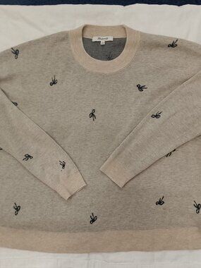 Madewell Women's Bow Jacquard Pullover Small Heather Taupe Light Weight Sweater